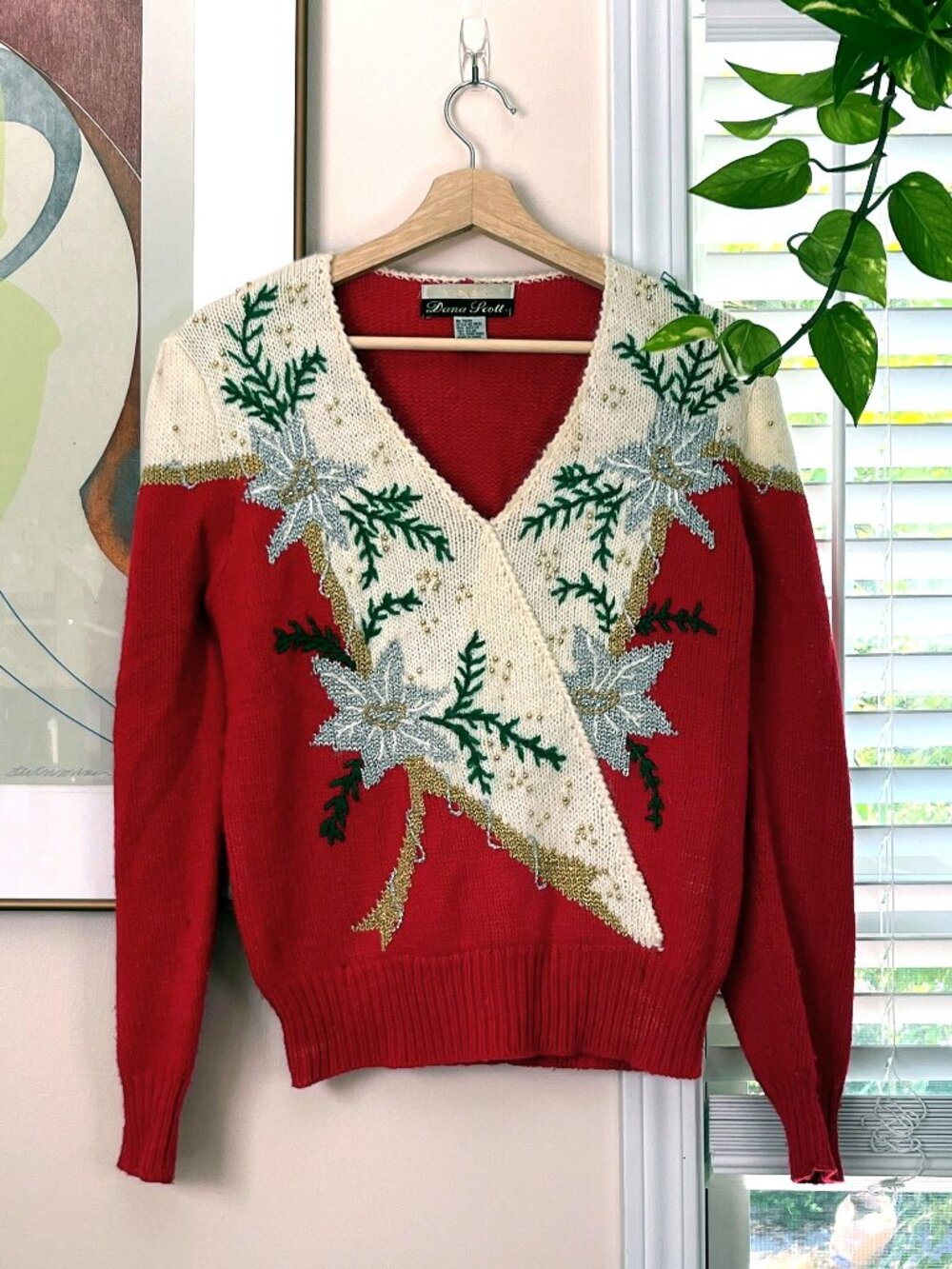 Dana Scott Vintage Beaded Poinsettia Christmas Sweater